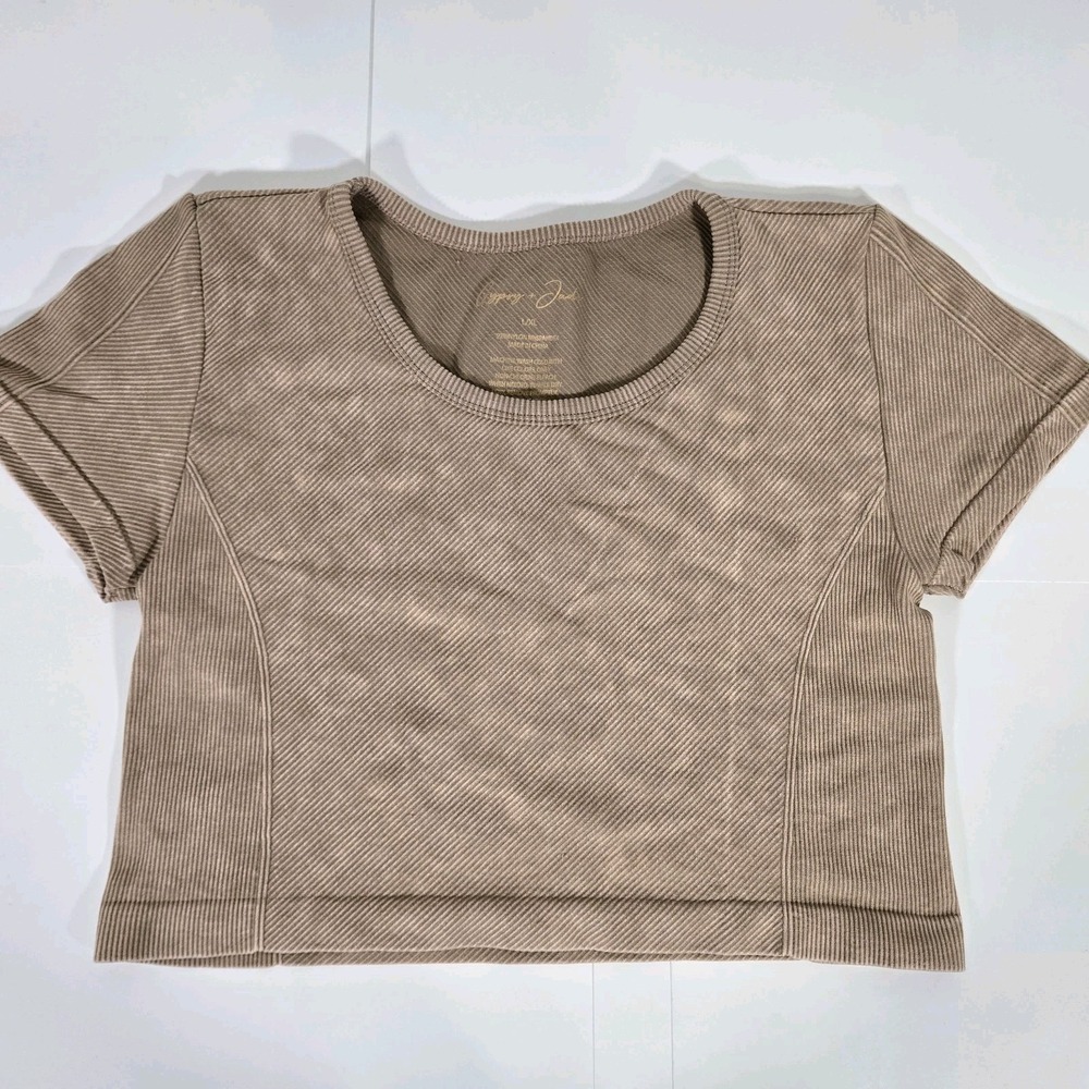 Gypsy and Jade Heathered Beige Short Sleeve Cropped Ribbed Top‎ Shirt L/XL
